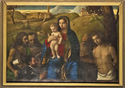 Madonna und Kind mit vier Heiligen (Johannes der Täufer, Franziskus, Hieronymus und Sebastian (von links nach rechts)) und Donator von Giovanni Bellini